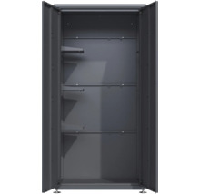 Armoire métallique multifonctionnelle ouverte avec étagères.