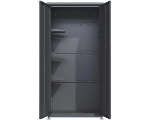 Armoire métallique multifonctionnelle ouverte avec étagères.