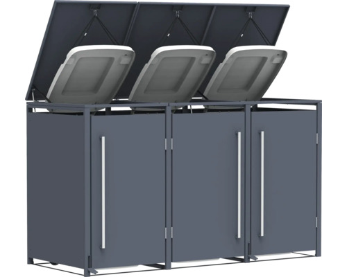 Mülltonnenbox für drei Mülltonnen mit geöffnetem Deckel