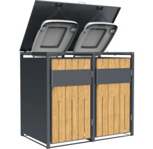 Double coffre à ordures avec revêtement en bois et couvercle ouvert