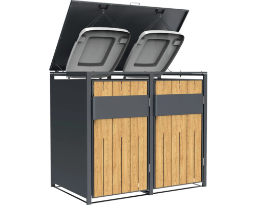 Double coffre à ordures avec revêtement en bois et couvercle ouvert