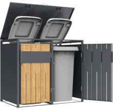 Cache-poubelle pour deux poubelles avec revêtement en bois et couvercle rabattable