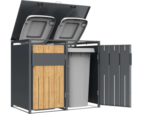 Cache-poubelle pour deux poubelles avec revêtement en bois et couvercle rabattable