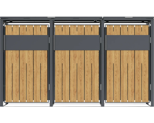 Cache-poubelle en bois et métal pour trois poubelles