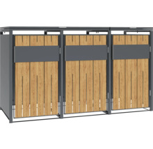 Cache-conteneur à ordures avec trois compartiments en métal et bois