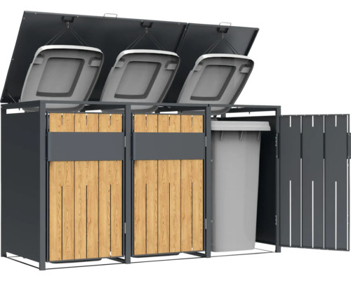 Cache-conteneurs pour trois poubelles avec habillage en bois et couvercle