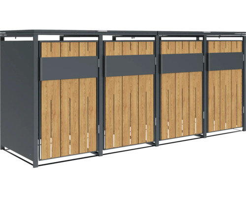 Cache-conteneurs avec revêtement en bois pour trois conteneurs à déchets