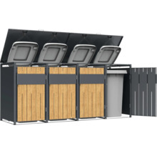 Cache-poubelle avec quatre compartiments, habillage en bois et cadre en métal