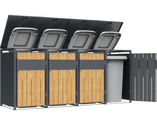 Cache-poubelle avec quatre compartiments, habillage en bois et cadre en métal