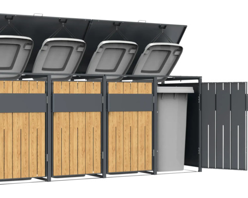 Cache-conteneurs pour quatre poubelles avec revêtement en bois et couvercle