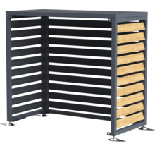 Mülltonnenbox mit horizontalen Lamellen aus Metall und Holz