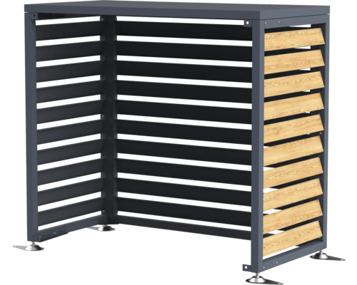 Mülltonnenbox mit horizontalen Lamellen aus Metall und Holz