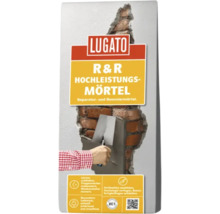 Emballage Lugato R et R Hochleistungsmörtel devant un mur de briques réparé