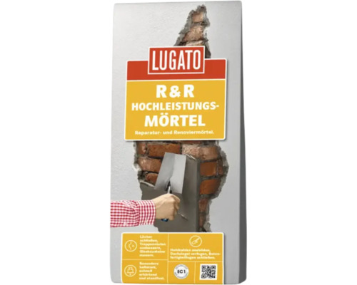 Lugato R und R Hochleistungsmörtel Verpackung vor einer ausgebesserten Ziegelwand