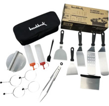 Set d'accessoires Buschbeck Plancha avec sac, spatules, pinces à griller, flacons à sauce et anneaux à œufs