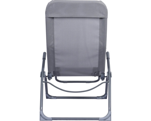 Chaise de camping grise avec assise en textile, vue arrière