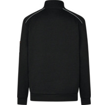 Rückansicht einer schwarzen Sweatjacke mit Streifen und Reissverschluss
