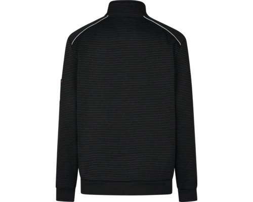 Rückansicht einer schwarzen Sweatjacke mit Streifen und Reissverschluss