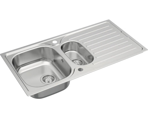 Spüle aus Edelstahl mit zwei Becken und Abtropffläche