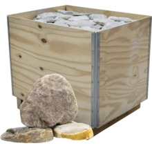 Pierres naturelles dans une caisse en bois avec quelques pierres devant