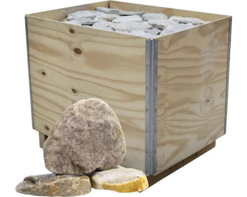 Pierres naturelles dans une caisse en bois avec quelques pierres devant