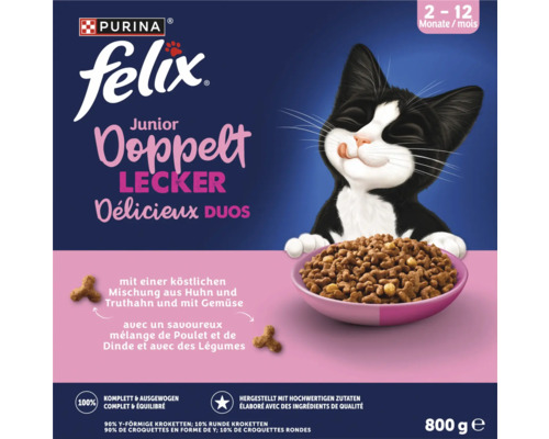 Felix Junior Doppelt Lecker Katzenfutter mit Huhn, Truthahn und Gemüse in 800 Gramm Packung