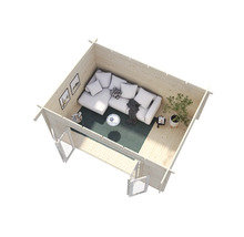 Vue intérieure d'une maison en bois avec canapé, table et décoration