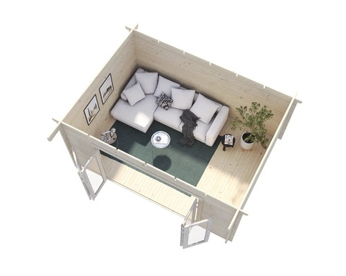 Vue intérieure d'une maison en bois avec canapé, table et décoration