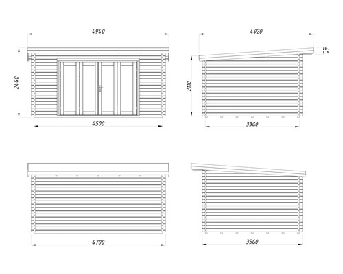 Dessin technique d'un abri de jardin avec dimensions
