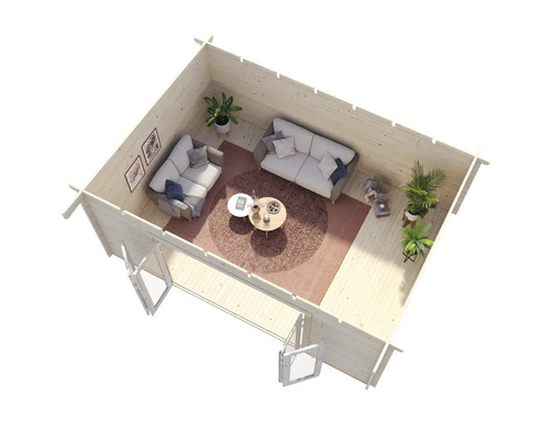 Vue intérieure d'une cabane de jardin avec canapés, table et plantes.