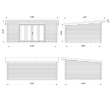 Dessin technique d'une cabane de jardin avec dimensions.