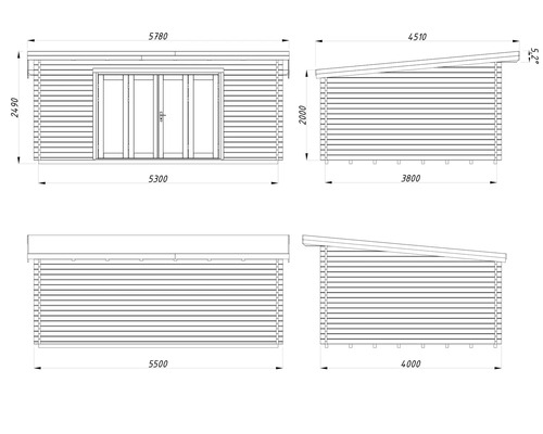 Dessin technique d'une cabane de jardin avec dimensions.