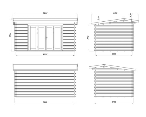 Technische Zeichnung eines Gartenhauses mit Massangaben