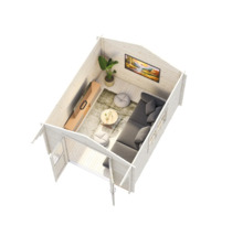 Innenansicht eines Gartenhauses mit Möbeln, Fernseher und Dekorationen