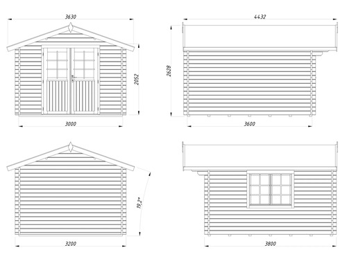 Technische Zeichnung eines Gartenhauses mit Maßangaben.