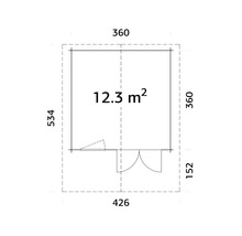 Plan d'un abri de jardin mesurant 360 x 426 x 534 cm avec une surface de 12,3 mètres carrés.
