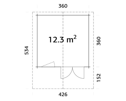 Plan d'un abri de jardin mesurant 360 x 426 x 534 cm avec une surface de 12,3 mètres carrés.
