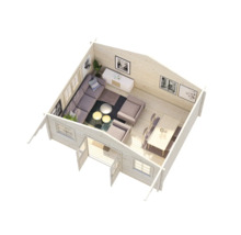 Innenansicht eines Holzhauses mit Wohn- und Essbereich