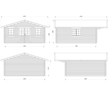 Zeichnung eines Gartenhauses mit Maßen