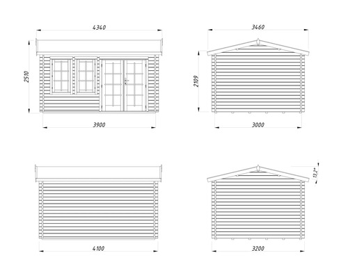 Dessin technique d'un abri de jardin avec indications de dimensions