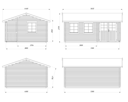 Plan technique d'un abri de jardin avec dimensions.