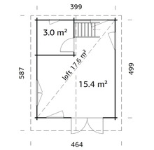 Grundriss eines Gartenhauses mit den Maßen 399 mal 499 Zentimeter.