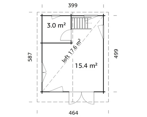 Grundriss eines Gartenhauses mit den Maßen 399 mal 499 Zentimeter.