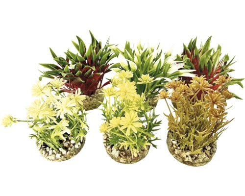 Sydeco Kunststoffpflanze Nano Flowering Bush 10 cm, farblich sortiert Drei künstliche Pflanzen in Töpfen mit Kieselsteinen