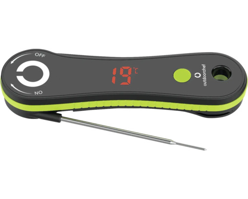 Digitales Grillthermometer mit Temperaturanzeige und Ein- beziehungsweise Ausschalter.