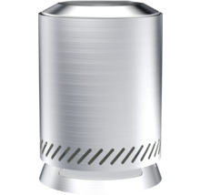 Silberfarbener Tischkamin mit Aussparungen am Sockel