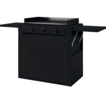 Schwarze Gas-Plancha mit drei Brennern, Grillwagen und zwei Seitenablagen.