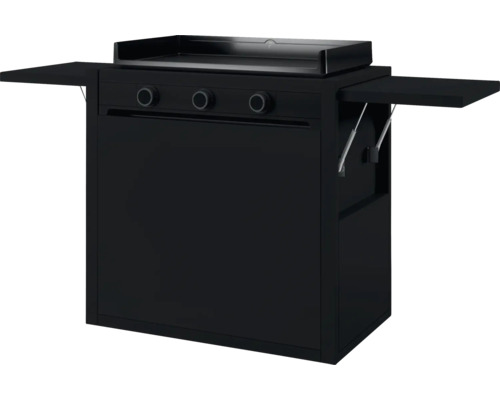 Forge Adour Rollwagen Modern 75 Schwarze Gas-Plancha mit drei Brennern, Grillwagen und zwei Seitenablagen.