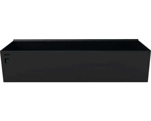 Schwarze, rechteckige Aufbewahrungsbox aus Metall mit offener Oberseite.