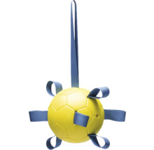 Gelber Spielball mit blauen Bändern und Aufhänger